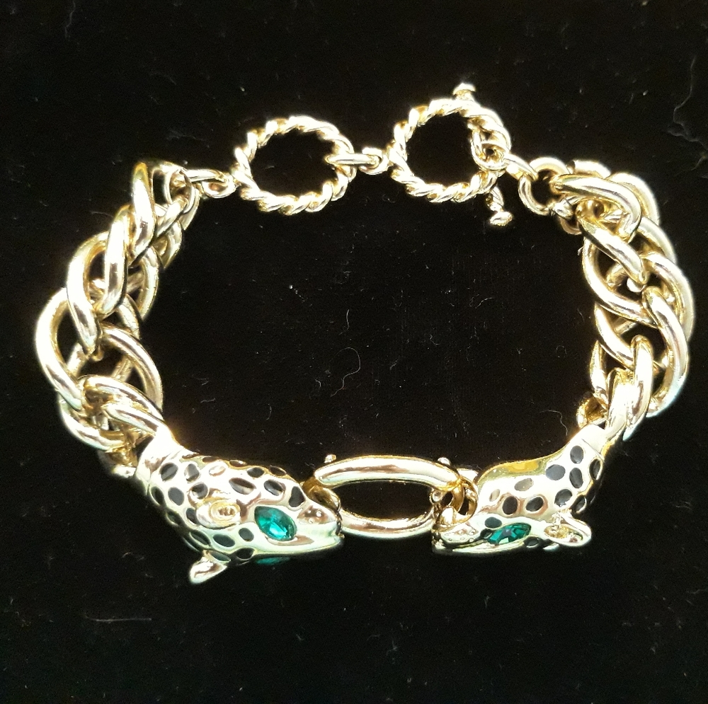 Vintage Double Leopard Head with Green Rhinestone Eyes Chunky Chain Bracelet - Picture 5 of 15